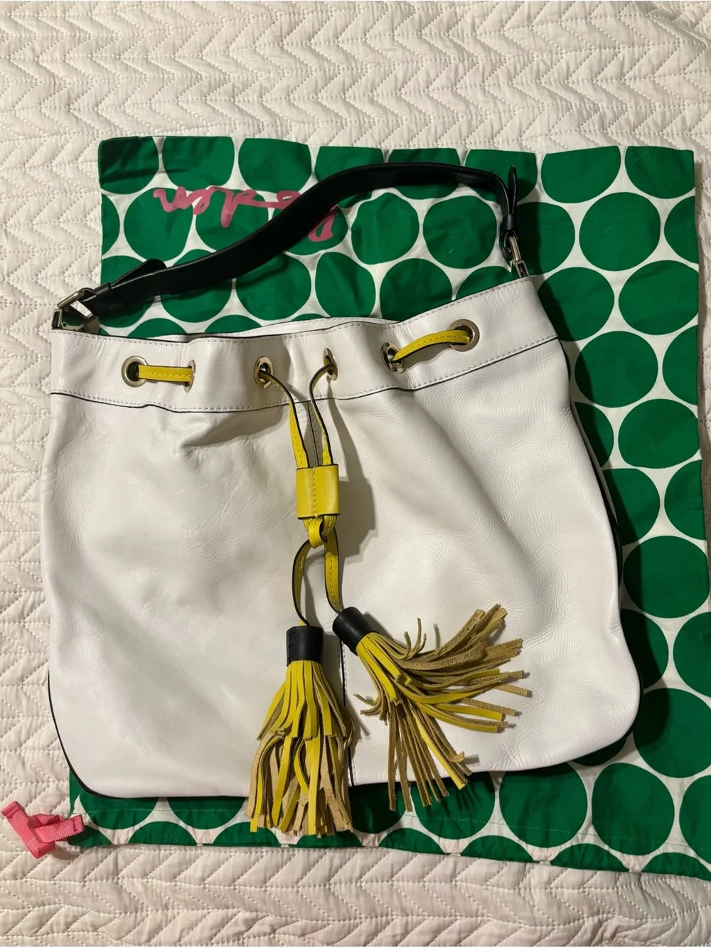 White Leather Boden Bucket Bag with Yellow Tassels